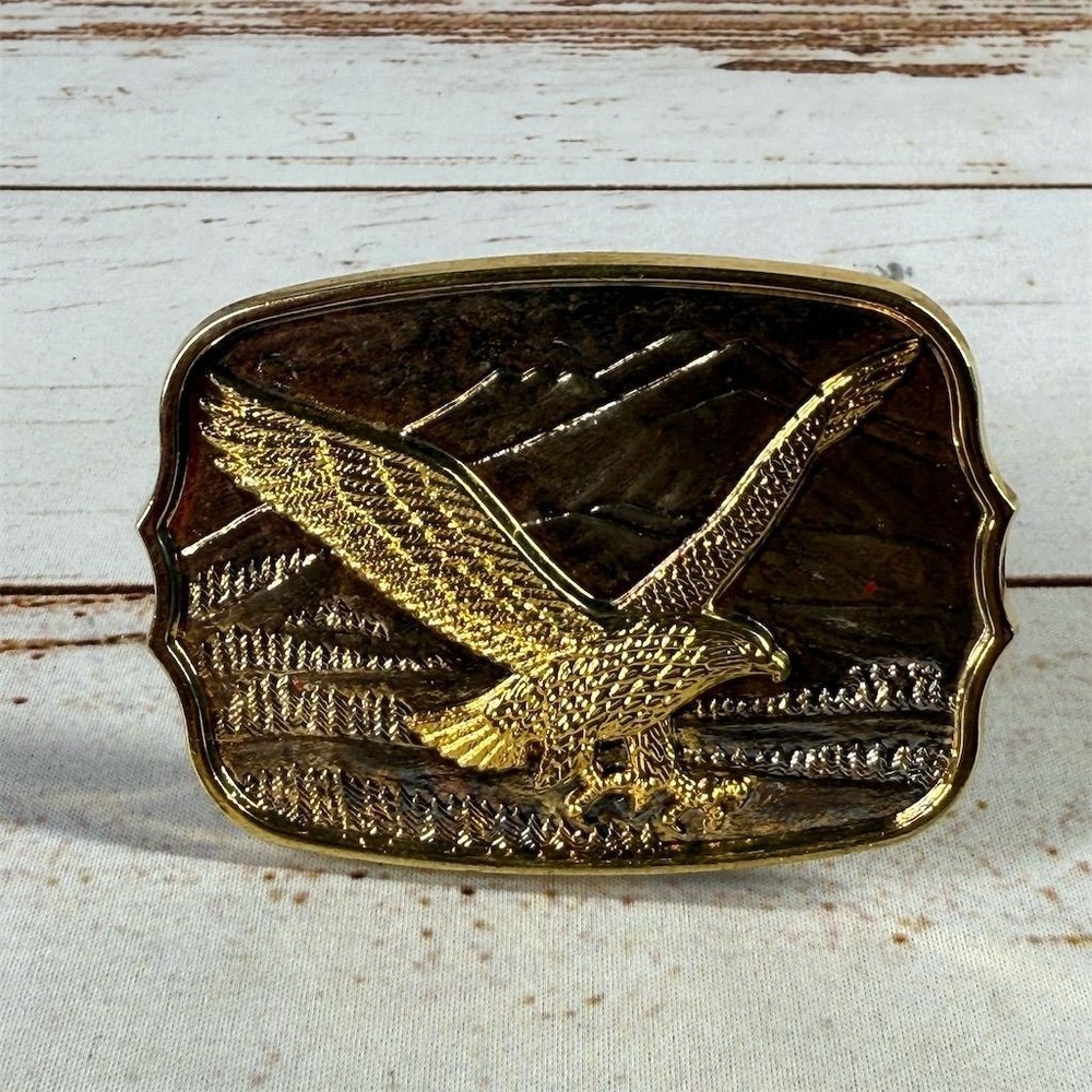 Vintage Two-Tone Eagle Belt Buckle Western Biker Americana Men's Silver Gold